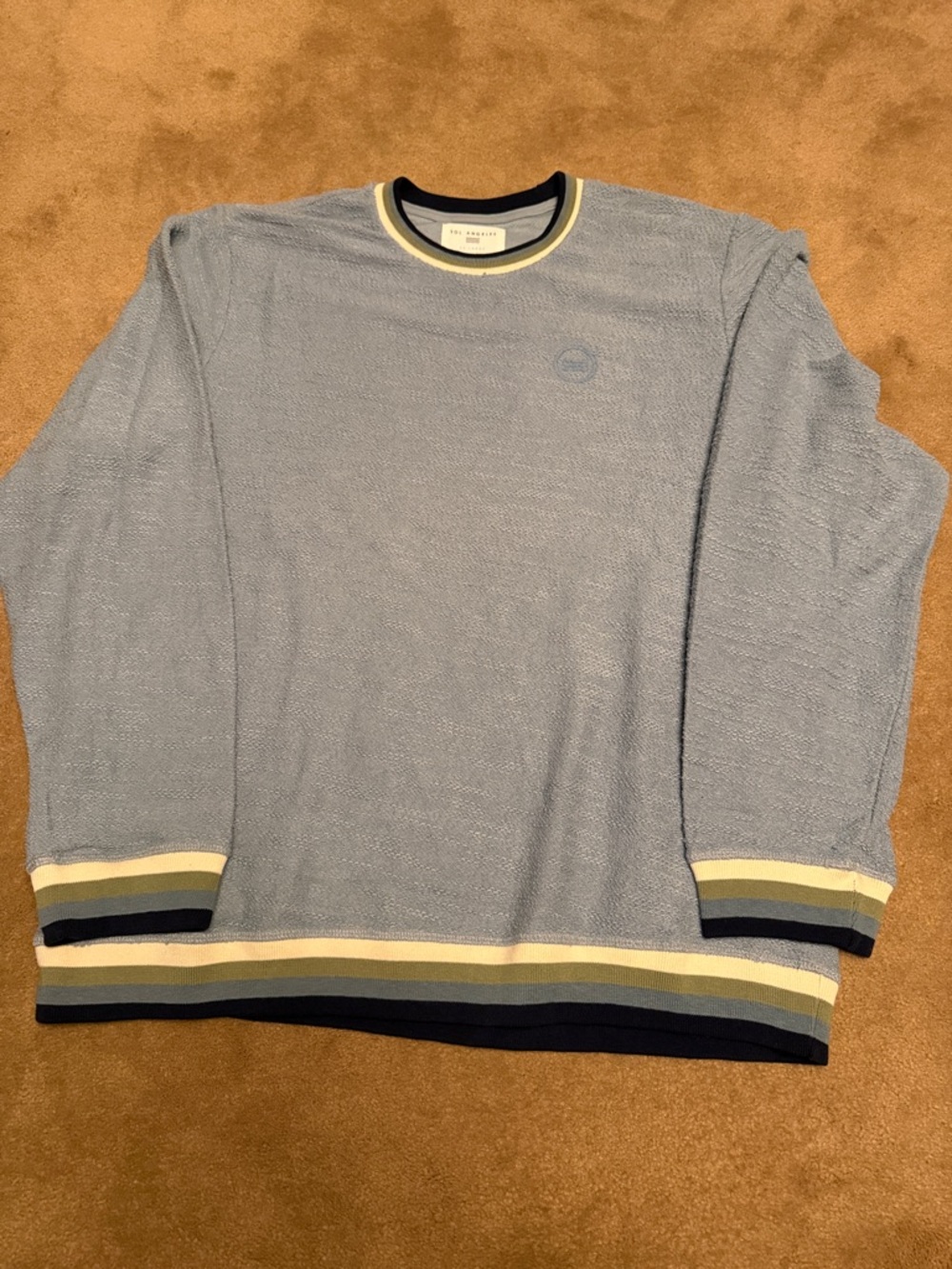 Sol Angeles Light Blue Crewneck Sweater with Multi-Stripe Trim